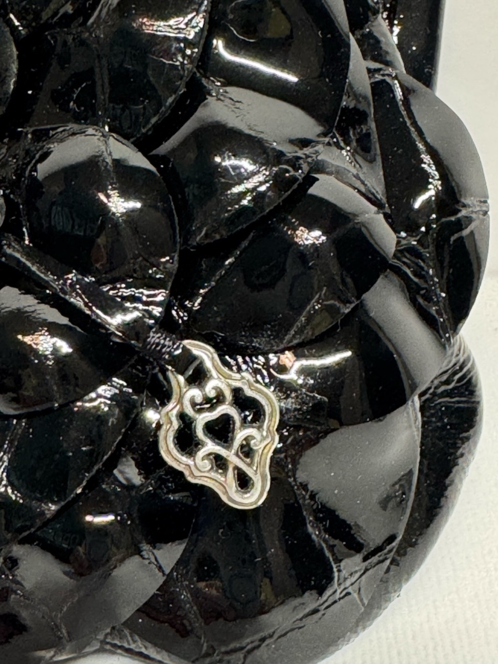 Brighton NEW Roselie Shine Kiss Lock Black Patent Leather Floral Clutch W/ Chain - Picture 6 of 11